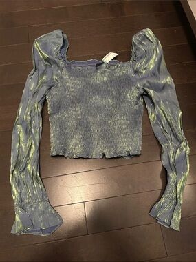 Shimmery Blue-Green Smocked Puff-Sleeve Crop Top - NWT from Simon’s